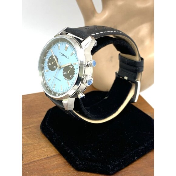 Tophill Men's Watch Mechanical Chronograph Blue Dial Black Leather Band 40mm - Picture 2 of 14